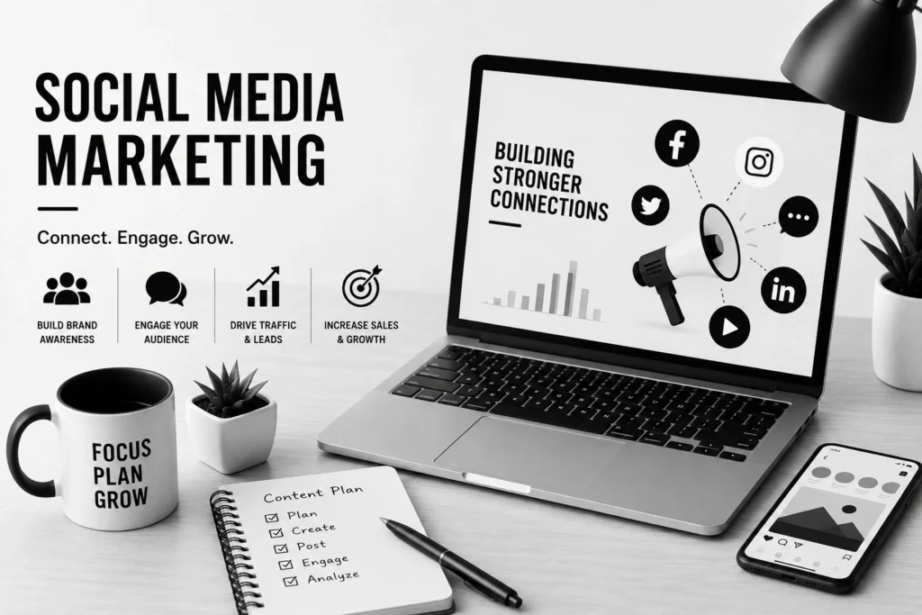 Graphic titled "Social Media Marketing" featuring a laptop displaying social media icons and a megaphone, alongside a coffee mug, content plan notebook, and smartphone on a desk.