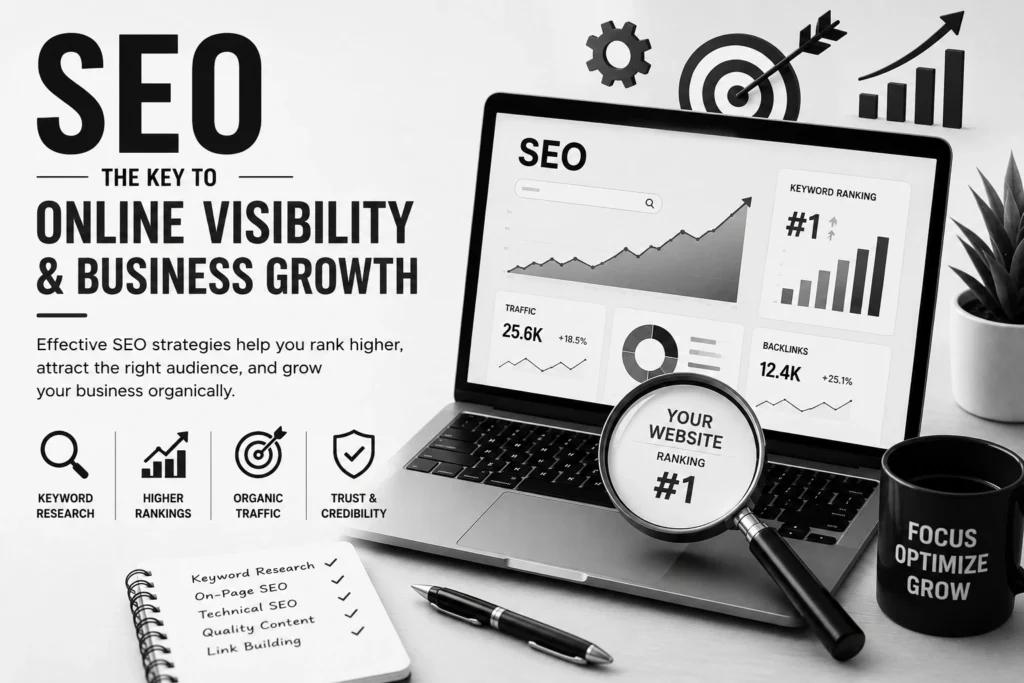 SEO marketing graphic with a laptop displaying analytics, a magnifying glass, and a strategy checklist.