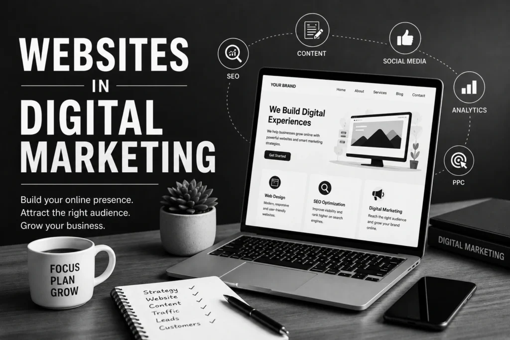 Graphic titled "Websites in Digital Marketing" featuring a laptop, coffee mug, and notebook surrounded by SEO, content, and social media icons.