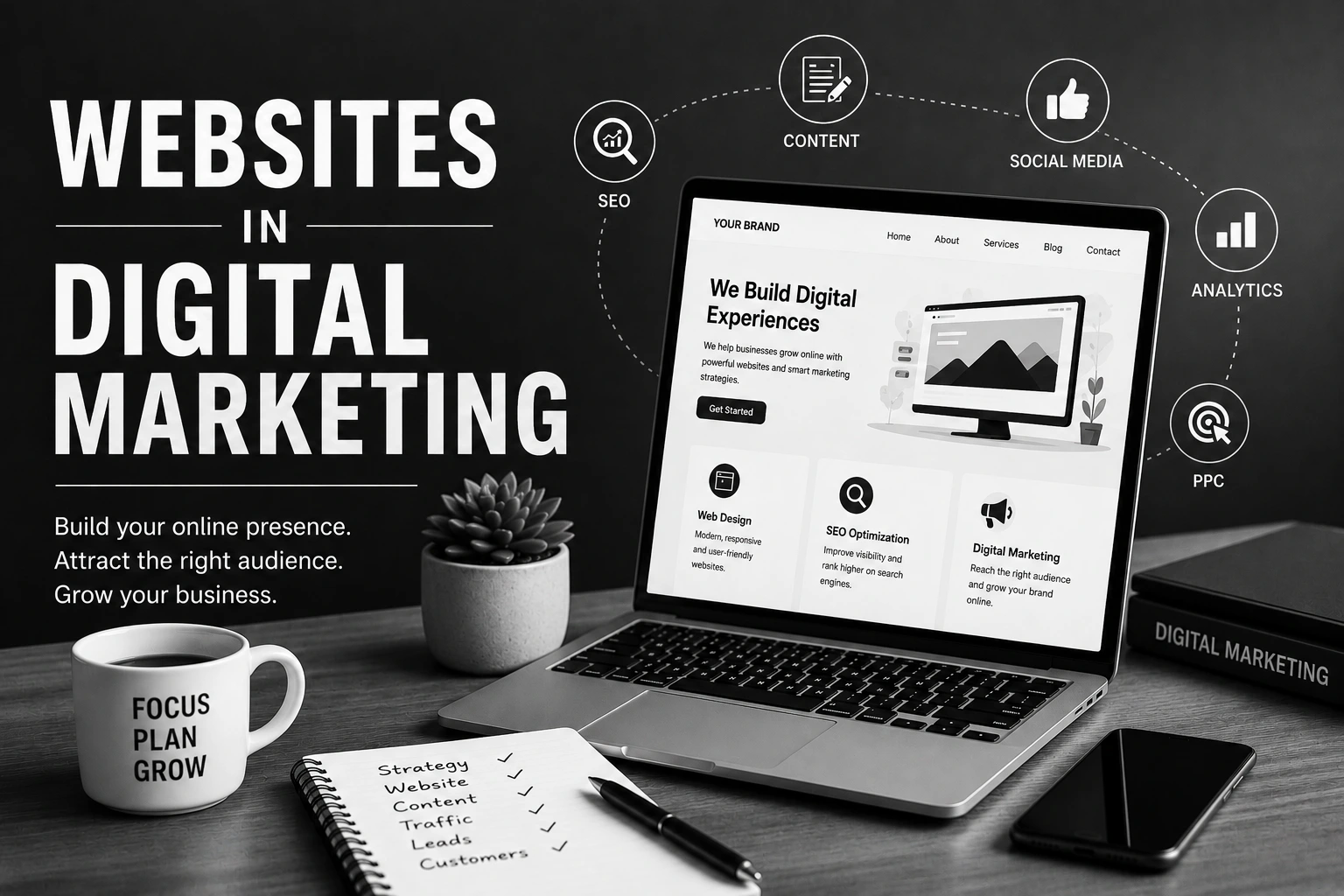 Graphic titled "Websites in Digital Marketing" featuring a laptop, coffee mug, and notebook surrounded by SEO, content, and social media icons.