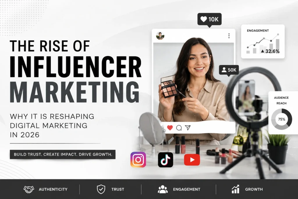 Graphic titled "The Rise of Influencer Marketing" featuring a content creator holding a makeup palette in front of a ring light, surrounded by social media metrics and icons.