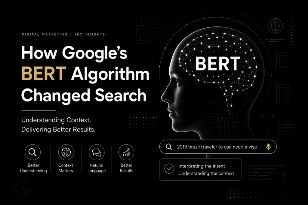 Infographic titled "How Google's BERT Algorithm Changed Search" with a glowing brain profile and SEO insights.